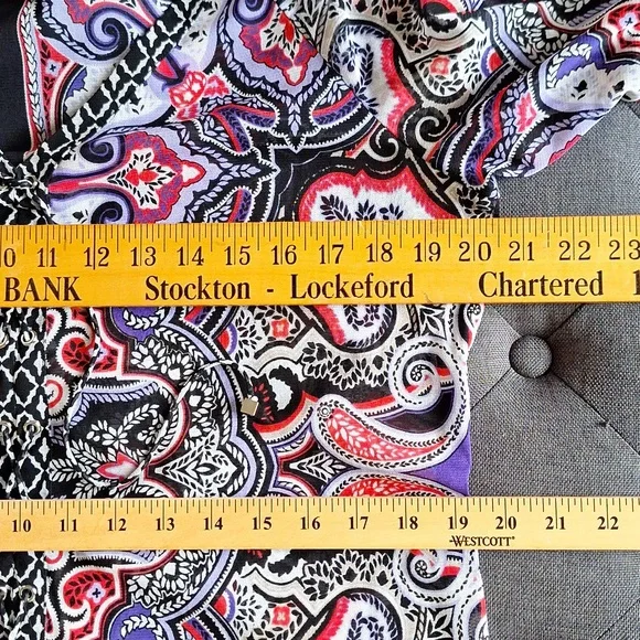 INC Sheer Lace Up Purple Paisley V Neck Top Large - Picture 4 of 5